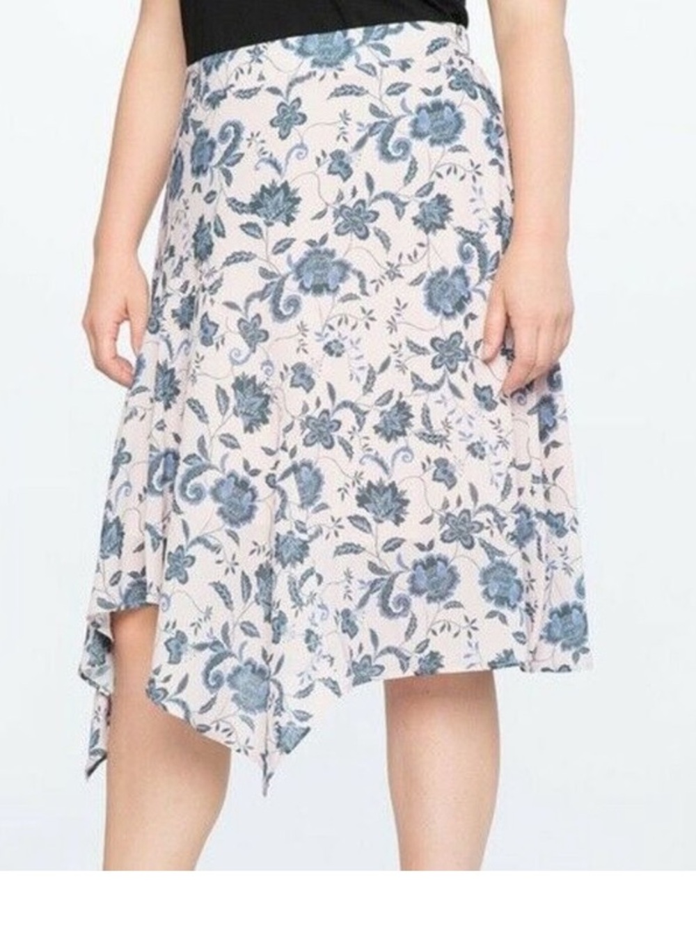 ELOQUII Floral Asymmetric Midi Skirt in Blush and Blue